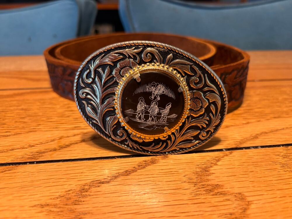 Vintage Tooled Leather Western Belt w/ Engraved Buckle